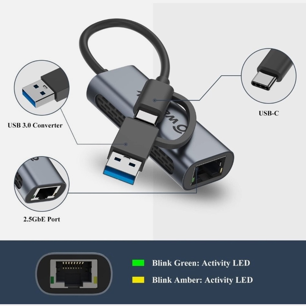 WAVLINK USB to 2.5G Ethernet Adapter, 2-in-1 USB C/USB 3.0 Ethernet Adapter